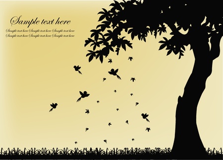 Black silhouette of a tree with birds and falling leaves on a yellow backgroundのイラスト素材