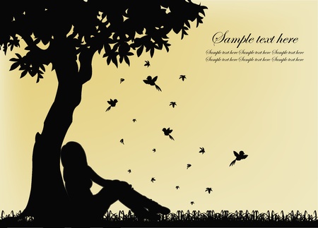 Black outline of a girl sitting on the grass near the treeのイラスト素材