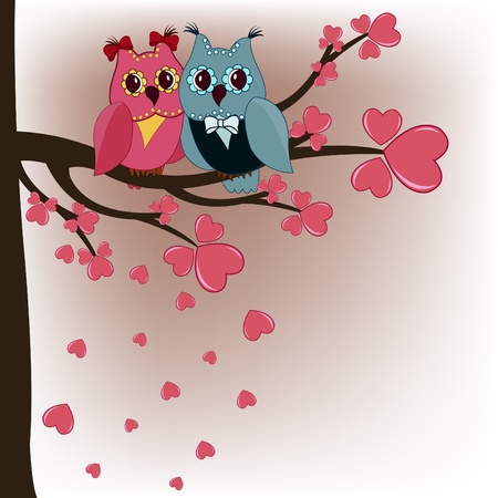 Two owls in a tree lovers with heartsのイラスト素材