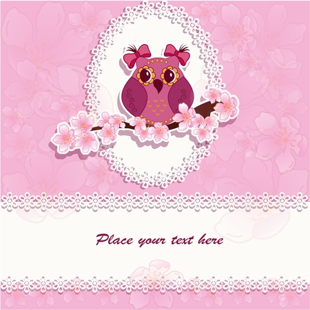 Beautiful owl on a branch on a pink backgroundのイラスト素材