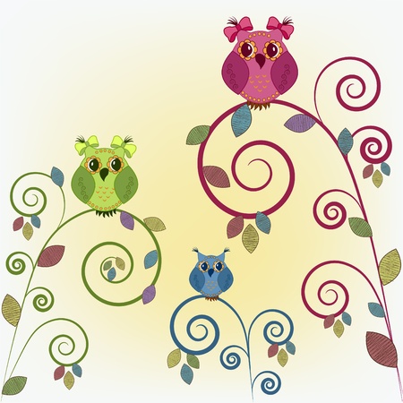 Three funny owl on the branchesのイラスト素材