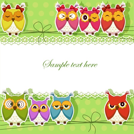 Holiday Card with colorful owls on a green backgroundのイラスト素材