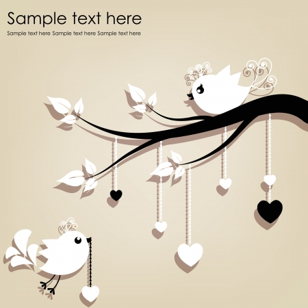 Two white birds on a branch with hearts on a gray backgroundのイラスト素材