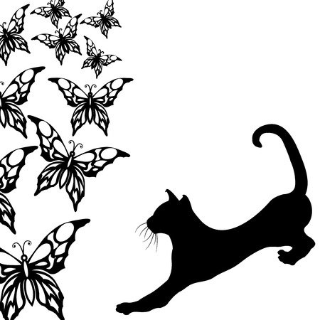 Black cat with butterflies on a whiteのイラスト素材