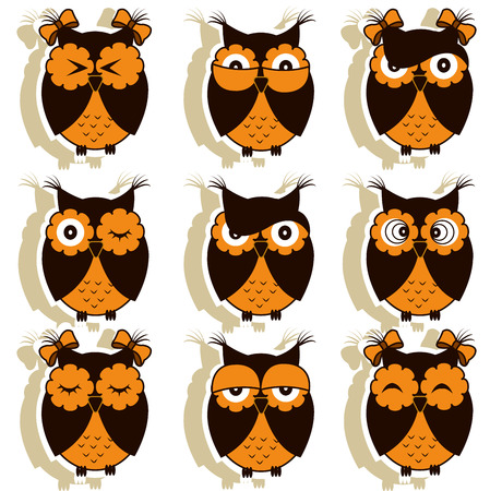 Set of 12 owls with different emotionsのイラスト素材