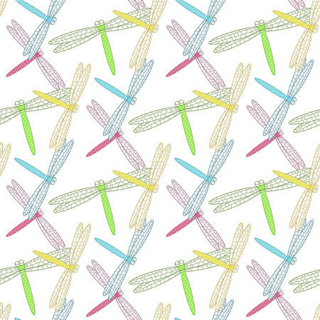 Seamless background of colorful dragonflies on a white backgroundのイラスト素材