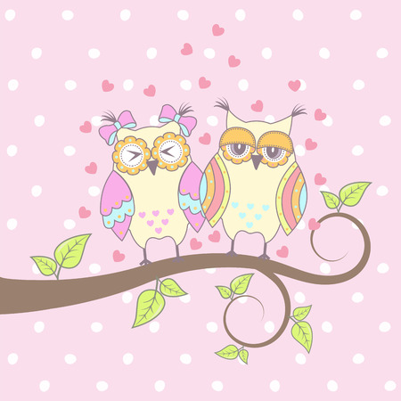 Beautiful card with owls in love on branchのイラスト素材