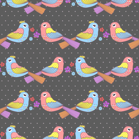 Seamless pattern with birds and flowers on a polka dots on a dark backgroundのイラスト素材
