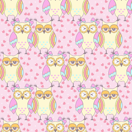 Seamless pattern with owls in love on a pink backgroundのイラスト素材