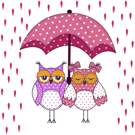 loving couple of owls with umbrella in the rain on a white backgroundのイラスト素材