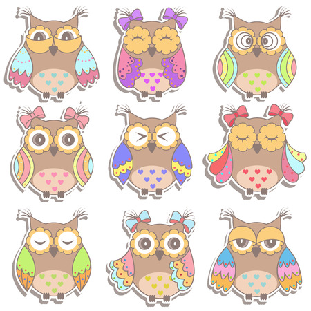 Set of multicolored, beautiful owlsのイラスト素材