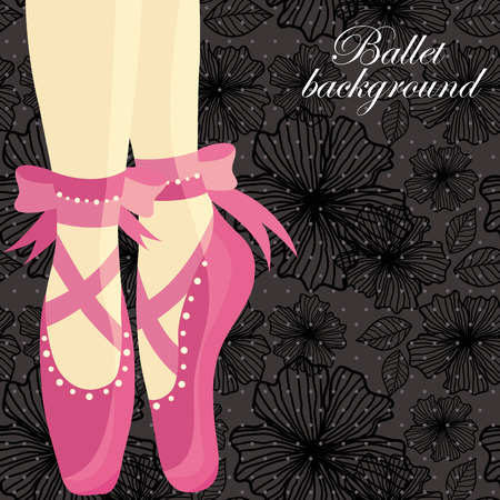 Beautiful feet of a ballerina in pointe shoes on a black background with patternsのイラスト素材