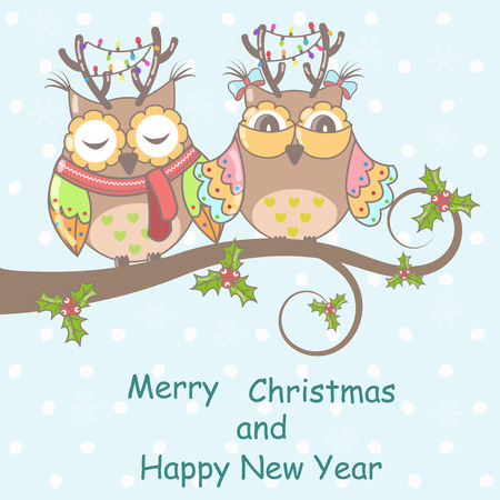 Christmas card with owls on a tree on a blue backgroundのイラスト素材