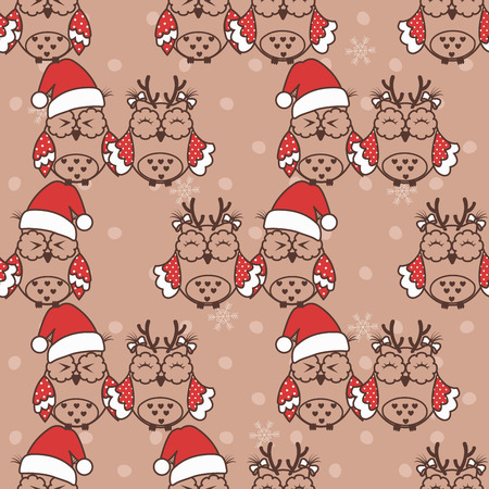 Seamless pattern with Christmas owls on beige backgroundのイラスト素材