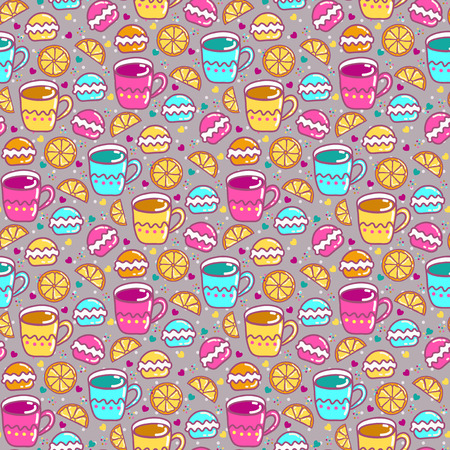 Seamless pattern with cups, lemon and sweetsのイラスト素材