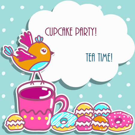 Sample cards with an bird, with cups and cakesのイラスト素材