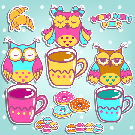 Sample cards with an owls, with cups and cakesのイラスト素材