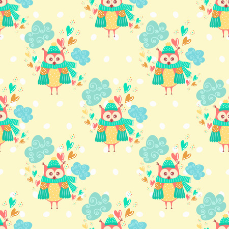 Seamless pattern with clouds and owlsのイラスト素材