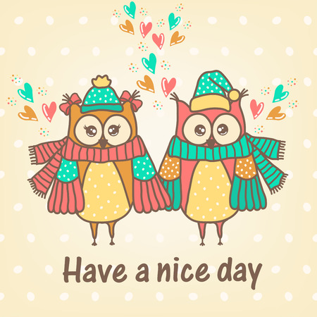 loving couple of owls with a heartsのイラスト素材