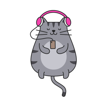 Cute cartoon cat listening to music with headphones. Vector illustration.のイラスト素材