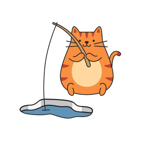 Fishing cat with fishing rod on white background. Vector illustration.のイラスト素材