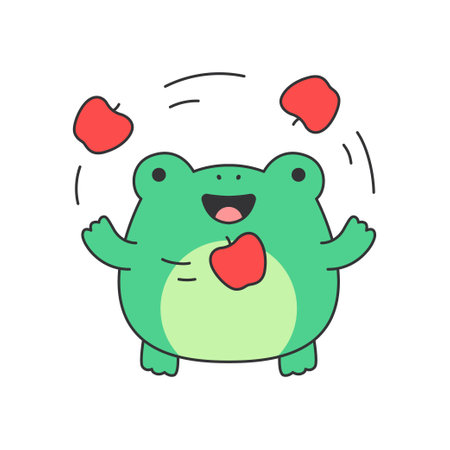 Cute frog with apples. Vector illustration in doodle style.のイラスト素材