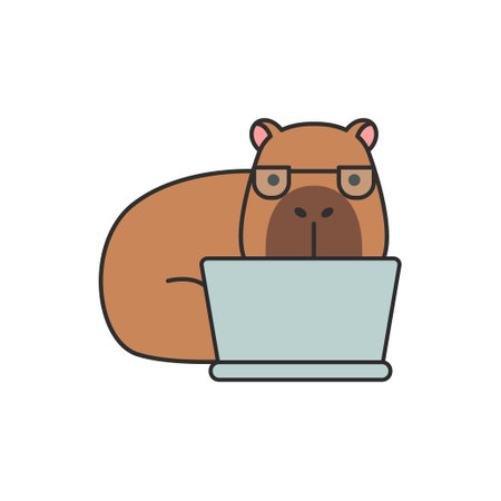 capybara and laptop. Cute pet. Vector illustration in flat styleのイラスト素材