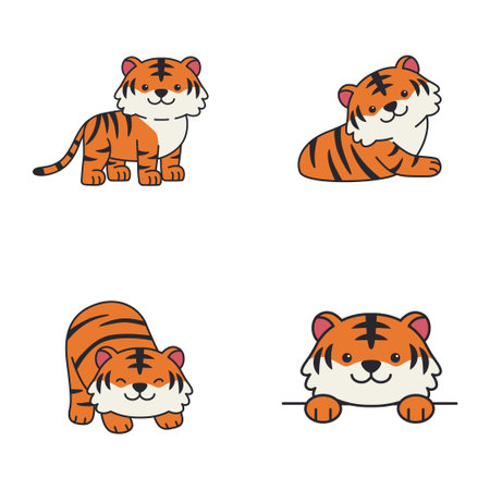 Set of cute cartoon tigers in different poses. Vector illustration isolated on white background.のイラスト素材