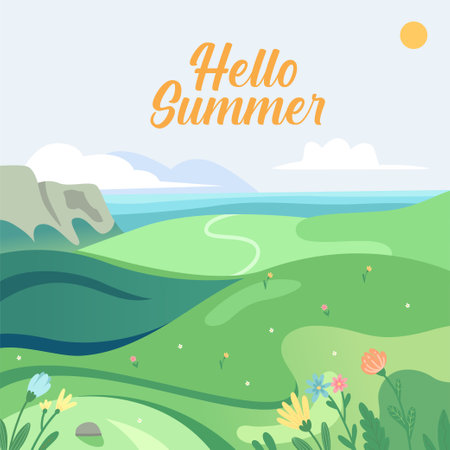 Hello summer banner with green grass and flowers. Flat style vector illustration.のイラスト素材