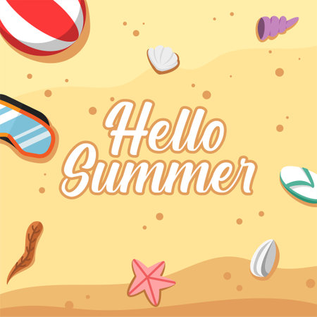 Hello Summer lettering on the beach. Vector illustration for your design