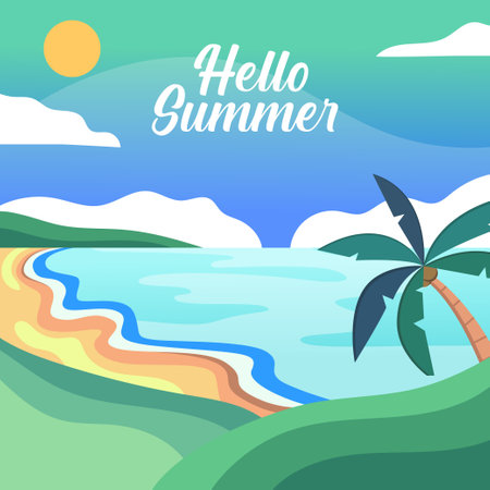 Hello Summer lettering with palm tree on the beach. Vector illustrationのイラスト素材