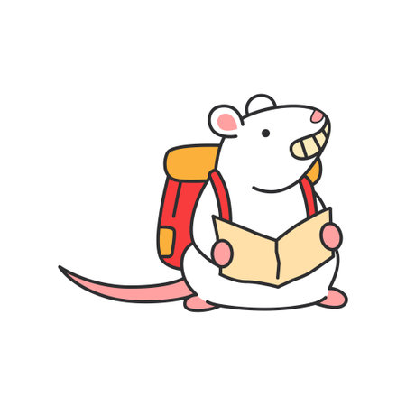 Cute mouse with a backpack reading a mapのイラスト素材