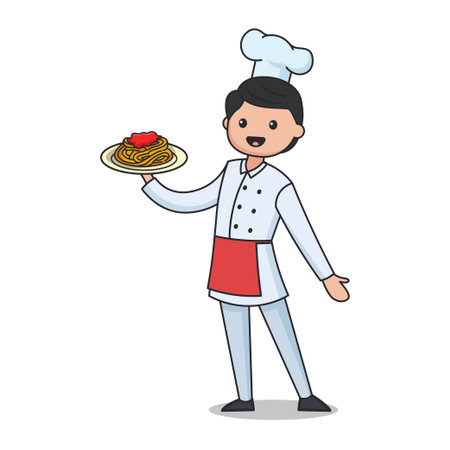 Chef holding a plate of cake. Vector illustration in cartoon style.のイラスト素材