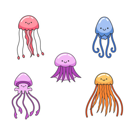 Set of cute cartoon jellyfish. Vector illustration isolated on white background.のイラスト素材
