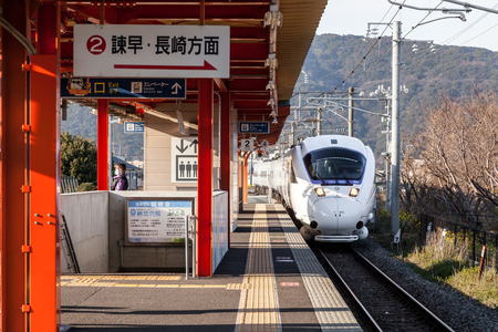 KASHIMA CITY, SAGA, JAPAN - MARCH 11, 2017 : Limited Express Train 885 Series is approaching Hizen-Kashima Station, Saga, Japan.のeditorial素材