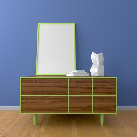 Wooden dresser with green frame and picture frame mockup, white vase, books, wooden floor, blue...