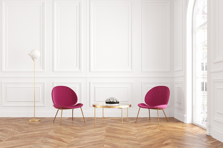Modern classic white interior with armchairs, coffee table and floor lamp.の写真素材
