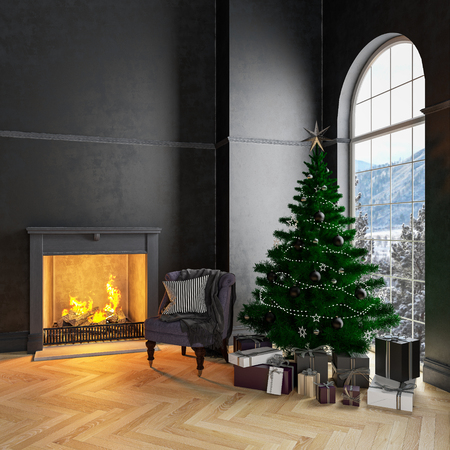 Black interior with christmas tree, armchair, gifts, wall panels and fireplace.の写真素材