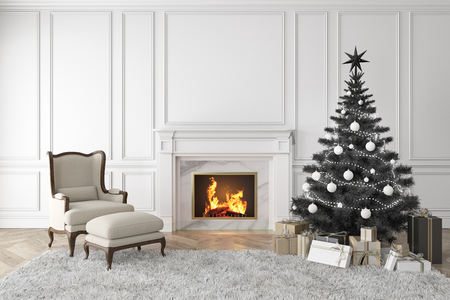 Black christmas tree in classic interior with fireplace, lounge armchair, carpet, gifts.の写真素材