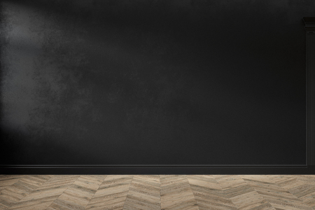 Modern classic black empty interior with blank wall and wooden floor.の写真素材