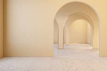 Beige interior with archs and terrazzo floor.の写真素材