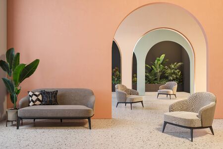 Colorful interior with archs, sofa, armchairs, terrazzo floor and plants.の写真素材