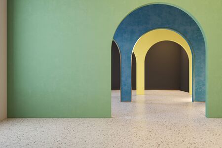 Colorful interior with archs and terrazzo floor. 3d render illustration mock upの写真素材