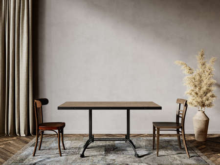 Gray beige interior with dinner table and decor. 3d render illustration mock up.