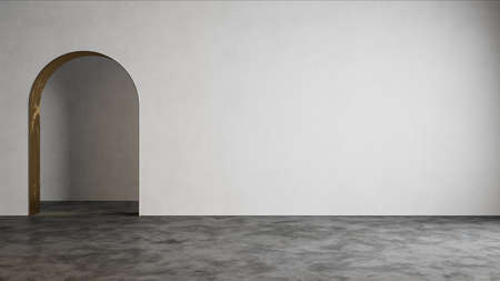 Empty white interior with blank wall, concrete floor and arc. 3d render illustration mock up.の写真素材