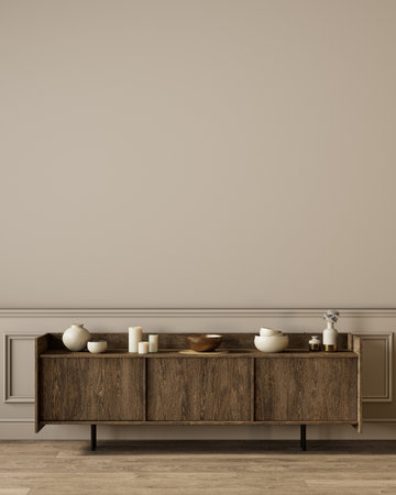 Modern classic beige interior with dresser and decor. 3d render illustration mock up.