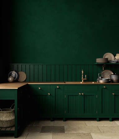 Dark green kitchen interior with sink, furniture, dishes and decor. 3d render illustration mock up.の写真素材
