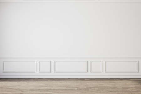 Modern classic white empty interior with wall panels molding and wooden floor. 3d render illustration mock up.の写真素材
