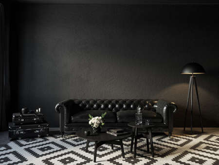 Black room interior with chester leather sofa and decor. 3d render illustration mock up.の写真素材