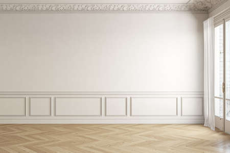 Beige-white classic empty interior with blank wall and moldings. 3d render illustration mock up.の写真素材